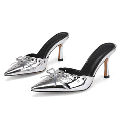Studded Heeled Mules for Women Suede Slip On Bow Tie Pumps Shoes Backless Stiletto Heels Pointed Toe Dress Slide Sandals
