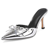 Studded Heeled Mules for Women Suede Slip On Bow Tie Pumps Shoes Backless Stiletto Heels Pointed Toe Dress Slide Sandals
