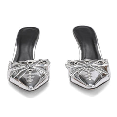 Studded Heeled Mules for Women Suede Slip On Bow Tie Pumps Shoes Backless Stiletto Heels Pointed Toe Dress Slide Sandals