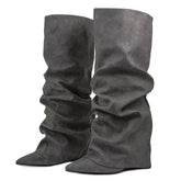 Zeliraph Fancy Fold Over Slouch Boots Block Heels Dressy Shark Boots Knee High for Women Pointed Toe