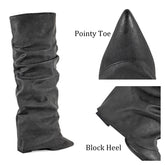 Zeliraph Fancy Fold Over Slouch Boots Block Heels Dressy Shark Boots Knee High for Women Pointed Toe