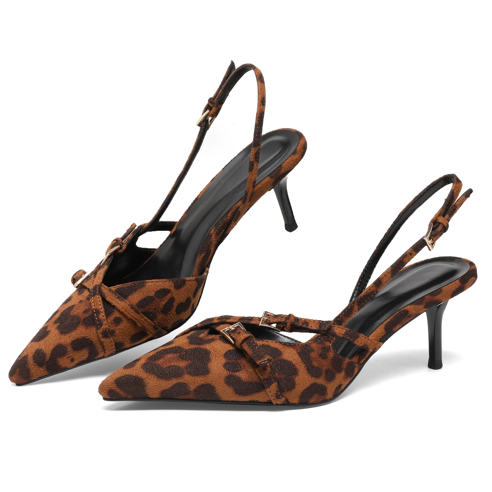 Womens Pointed Toe Slip On Slingback Kitten Heels Buckle Strap Work Pumps