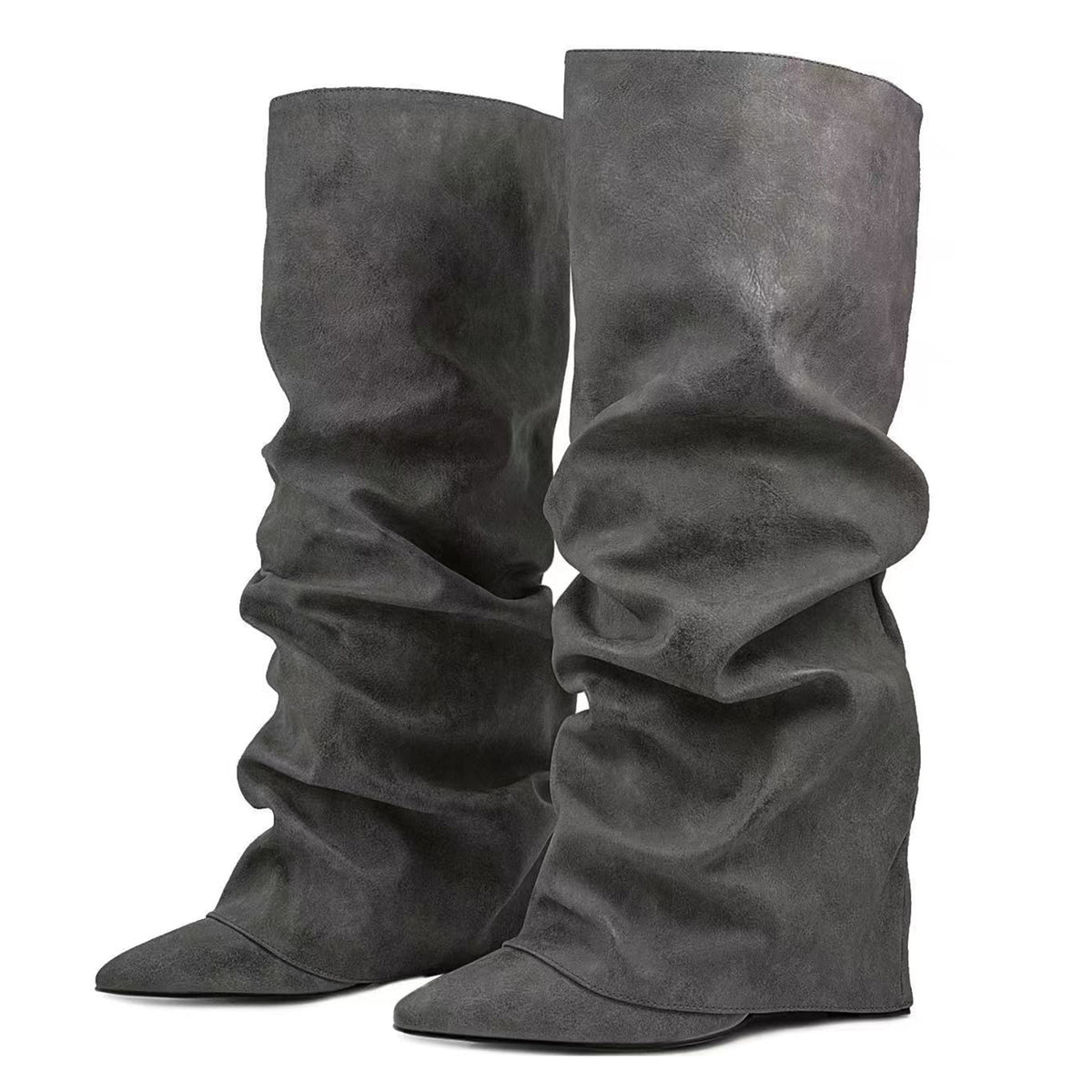 Zeliraph Fancy Fold Over Slouch Boots Block Heels Dressy Shark Boots Knee High for Women Pointed Toe