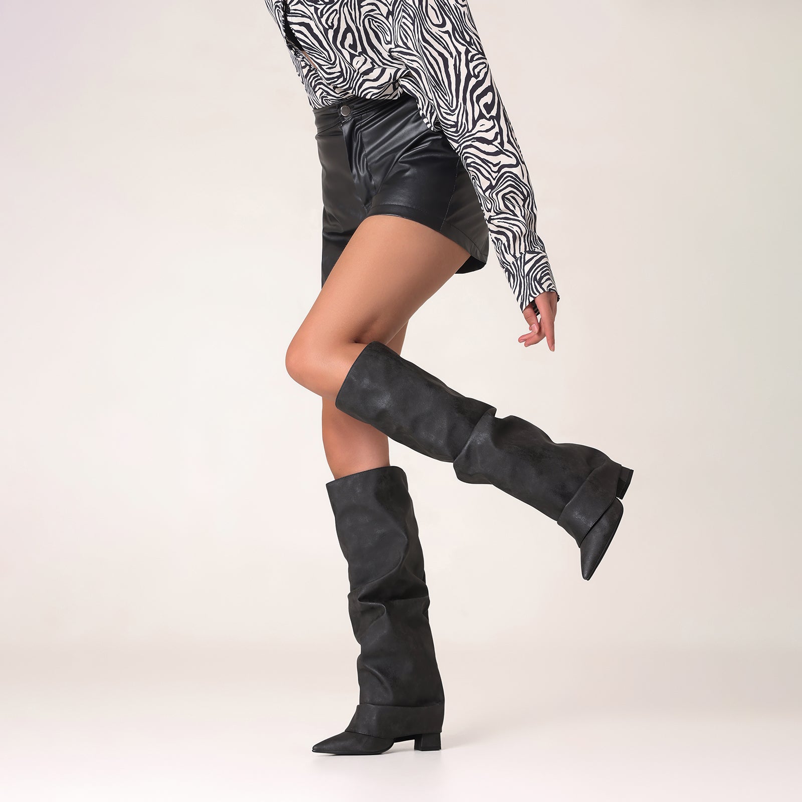 Zeliraph Fancy Fold Over Slouch Boots Block Heels Dressy Shark Boots Knee High for Women Pointed Toe