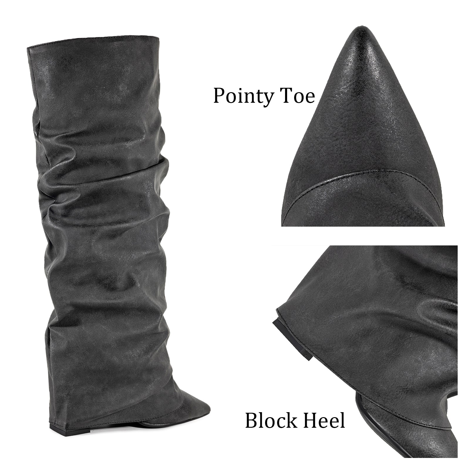 Zeliraph Fancy Fold Over Slouch Boots Block Heels Dressy Shark Boots Knee High for Women Pointed Toe