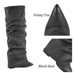 Zeliraph Fancy Fold Over Slouch Boots Block Heels Dressy Shark Boots Knee High for Women Pointed Toe